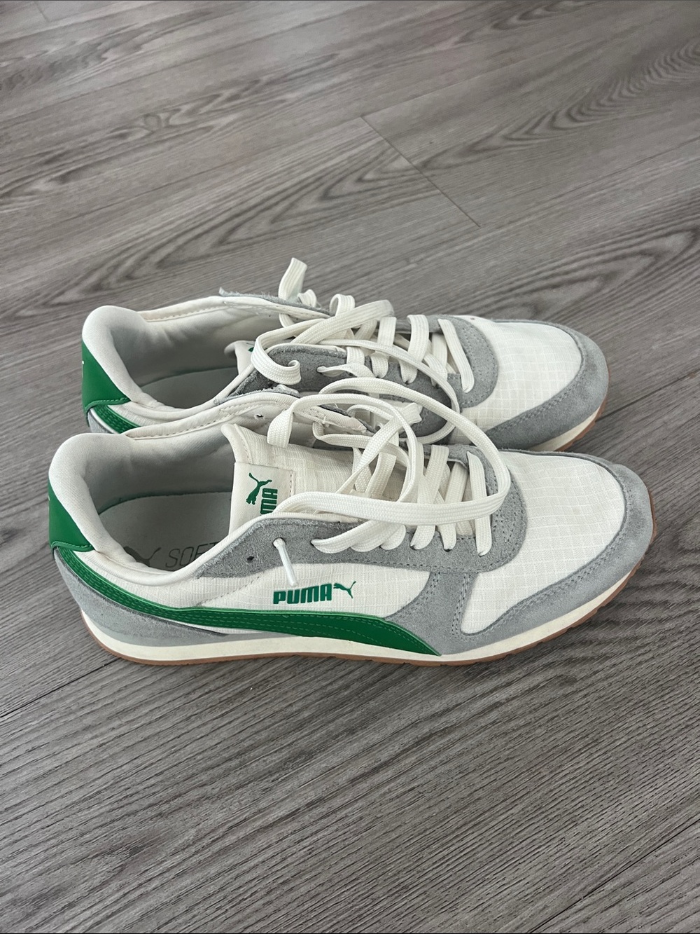 Puma White, Gray & Green Retro Running Sneakers